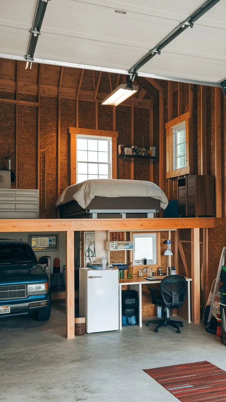Sunlight streams into this stunning loft garage, transforming a simple garage shop loft into a cozy lounge garage. The upstairs garage ideas are brilliantly executed, showcasing a comfortable bed, workspace, and even a mini-fridge. This barndominium garage loft offers the ultimate blend of functionality and style, perfect as a garage rec room or extra garage ideas for guests. The exposed wood beams and concrete floor complement the rustic charm, making it a unique example of loft garage design, even suitable for an RV garage loft. Below, the main garage area houses a vehicle and tools, showcasing the versatility of this barndominium garage ideas.