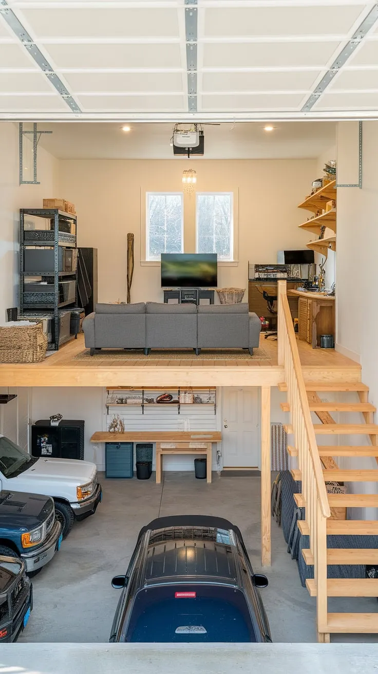 This lounge garage is the ultimate man cave! Upstairs garage ideas like this barndominium garage loft offer the perfect blend of garage shop loft and rec room, maximizing space with clever storage and a comfortable living area. Extra garage ideas don't get much better than this loft garage. RV garage loft? Maybe someday!
