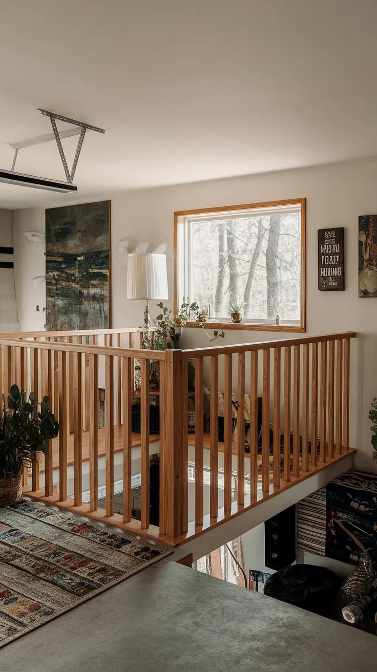 This loft garage conversion is the ultimate blend of functionality and style. The upstairs garage ideas are brilliantly executed, transforming this space into a cozy lounge garage, complete with a wooden railing, a comfortable rug, and a view of the trees through the window. Perfect as a garage rec room or even a barndominium garage loft, this garage shop loft offers extra garage ideas for maximizing space. The addition of a lamp, plant, and speaker creates a relaxing atmosphere, showcasing the potential of a garage loft interior. Whether you're looking for barndominium garage ideas or simply extra storage, this rv garage loft demonstrates how to create a stunning and practical space.