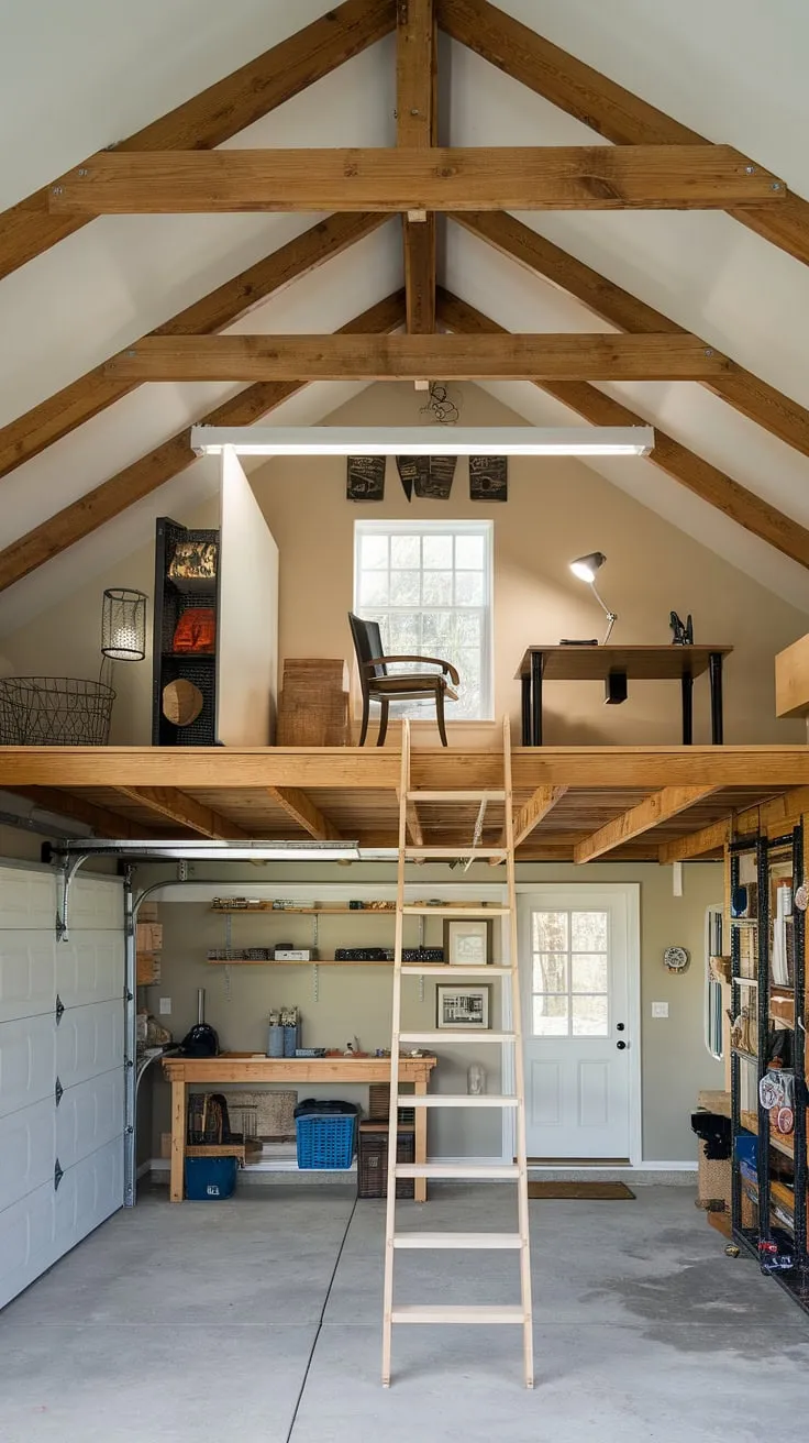 Escape to your own private sanctuary: this lounge garage boasts a rustic charm with a loft perfect for relaxation or work. Upstairs garage ideas like this barndominium garage loft transform extra garage ideas into a functional and stylish garage rec room. The garage shop loft offers ample space below for your projects.