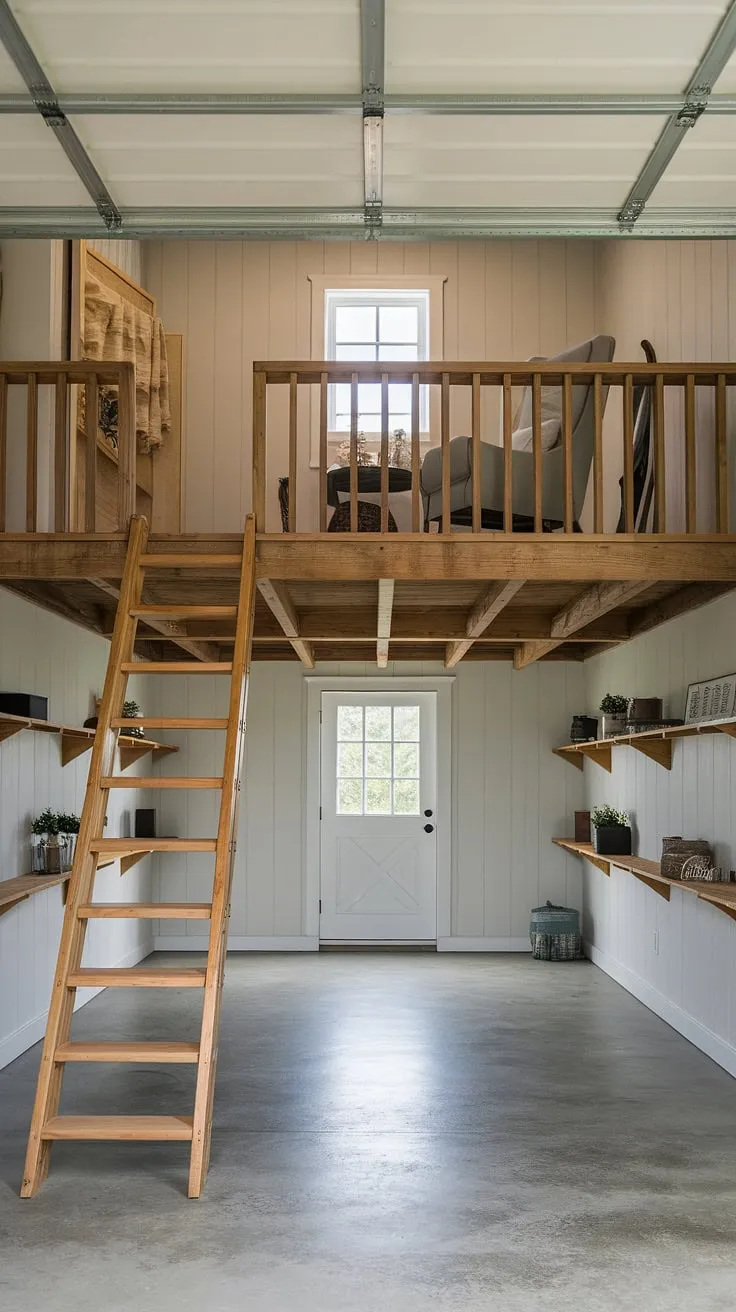 Escape the everyday in this charming loft garage, a perfect blend of rustic charm and modern comfort.  Imagine relaxing in the upstairs garage ideas, enjoying a drink at your barndominium garage loft, or using the space as a garage rec room. This versatile garage shop loft offers endless possibilities—from a cozy lounge garage to extra garage ideas for an RV garage loft.  The barndominium garage ideas are endless!