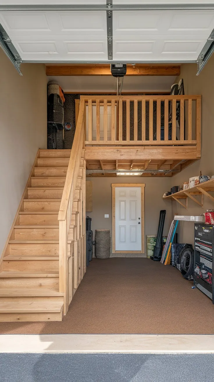 This rustic loft garage transforms unused space into a functional and stylish garage shop loft, perfect for a barndominium garage or any home needing extra garage ideas.  The upstairs garage ideas are endless, from a cozy lounge garage to a dedicated rec room.  Imagine the possibilities:  a barndominium garage loft with room for storage, a workshop, and even an RV garage loft.