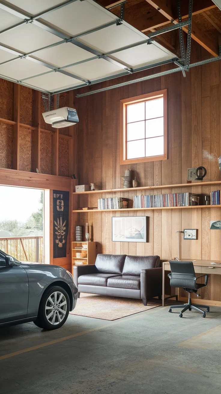 This barndominium garage loft offers the ultimate blend of functionality and style. The upstairs garage ideas are brilliantly executed, transforming this space into a cozy lounge garage complete with a comfortable sofa, workspace, and ample storage. The exposed wood beams and concrete floor create a rustic charm, while the high ceiling and window add brightness. Perfect for a garage rec room or even an RV garage loft, this garage shop loft is a testament to creative extra garage ideas. The car parked below adds a touch of practicality to this impressive loft garage interior.