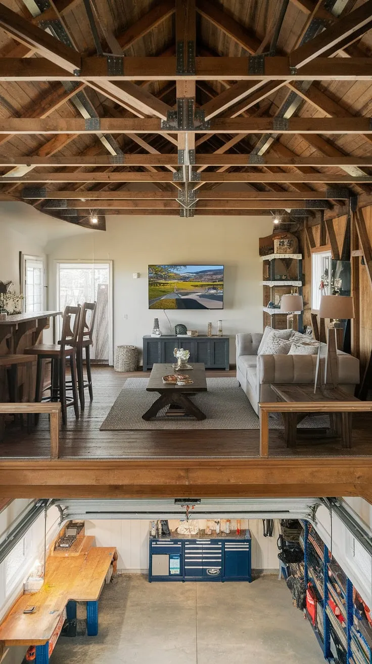 Escape to this inviting loft garage, a perfect example of upstairs garage ideas for a barndominium. The garage loft interior boasts a comfortable lounge garage area, ideal for relaxation and entertainment. A stylish bar and stools add a touch of sophistication, while the rustic wooden beams and wood flooring create a warm and inviting atmosphere. Overlooking the garage shop loft below, with its organized workbench and storage, this space maximizes functionality. Whether you're looking for extra garage ideas, a dedicated garage rec room, or a unique rv garage loft, this barndominium garage ideas masterpiece provides inspiration and functionality in one stunning package.