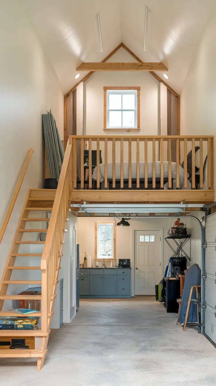 Maximize your space with this stunning barndominium garage loft conversion. The garage rec room below offers plenty of room for storage and workshop space, while upstairs, the loft garage interior reveals a charming apartment with a kitchenette, bathroom, and bedroom. This upstairs garage ideas project showcases the potential of a garage shop loft, seamlessly blending practicality with comfort. The wooden staircase adds a touch of rustic charm, leading to a private and peaceful retreat. Consider this a prime example of extra garage ideas and rv garage loft potential, showcasing innovative barndominium garage ideas for your own property.