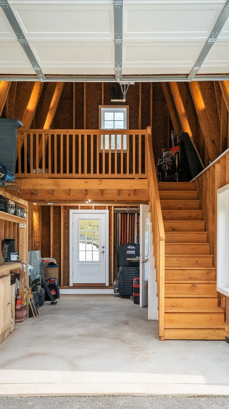 This lounge garage boasts a stunning barndominium garage loft, perfect for upstairs garage ideas. The garage shop loft offers a unique rec room, expanding your extra garage ideas beyond the ordinary. Consider this for your RV garage loft or other barndominium garage ideas.