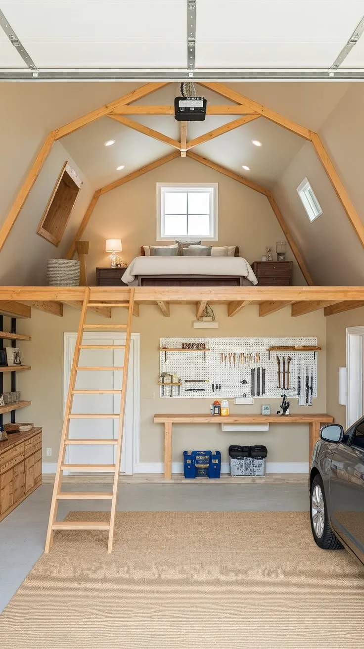 Transform your garage into a multi-functional masterpiece. This barndominium garage ideas showcase a stunning loft garage, complete with a cozy bedroom and a fully equipped garage shop below. Explore upstairs garage ideas and discover the potential of your extra garage space.