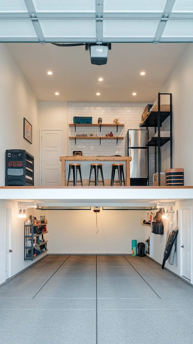 This stunning loft garage conversion seamlessly blends functionality and style. The upstairs garage ideas are brilliantly executed, transforming this space into a sophisticated lounge garage complete with a bar area, workbench, and ample storage. Perfect for a barndominium garage loft or even an RV garage loft, this garage shop loft offers the ultimate blend of workshop and rec room. The clean lines and white walls create a bright and airy atmosphere, while the wooden floors add warmth. This is a prime example of extra garage ideas maximizing space and creating a truly unique and enviable garage rec room.