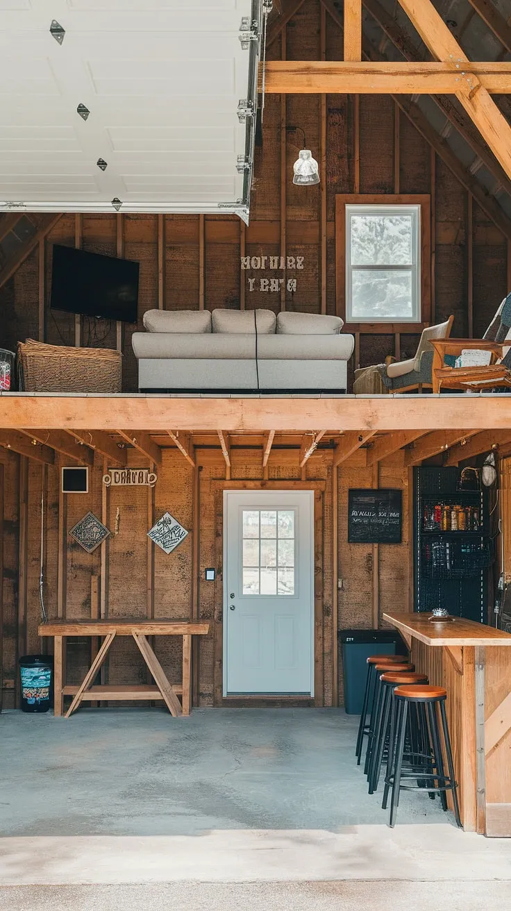 This barndominium garage loft offers the ultimate blend of rustic charm and modern comfort.  The upstairs garage ideas are perfectly executed, creating a cozy lounge garage and rec room with a stunning view of the garage shop loft below.  Extra garage ideas like the built-in bar add to the entertainment value, making this the ideal space for relaxing or hosting friends.  RV garage loft potential is also evident in the spacious design.