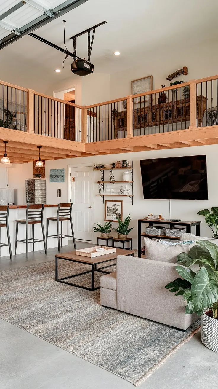 Unwind in this stunning loft garage, perfect for a barndominium or large home.  The ultimate garage rec room, this space seamlessly blends lounge garage comfort with practical storage solutions.  Upstairs garage ideas don't get much better than this – a true garage shop loft with room for relaxation and entertaining.  Consider this your extra garage ideas inspiration for maximizing space and creating the ultimate man cave or family hangout.  The barndominium garage loft design is complete with a cozy sectional, large screen TV, and even a bar area.  RV garage loft owners will appreciate the ample space and thoughtful design.  This garage loft interior is the epitome of comfortable luxury.