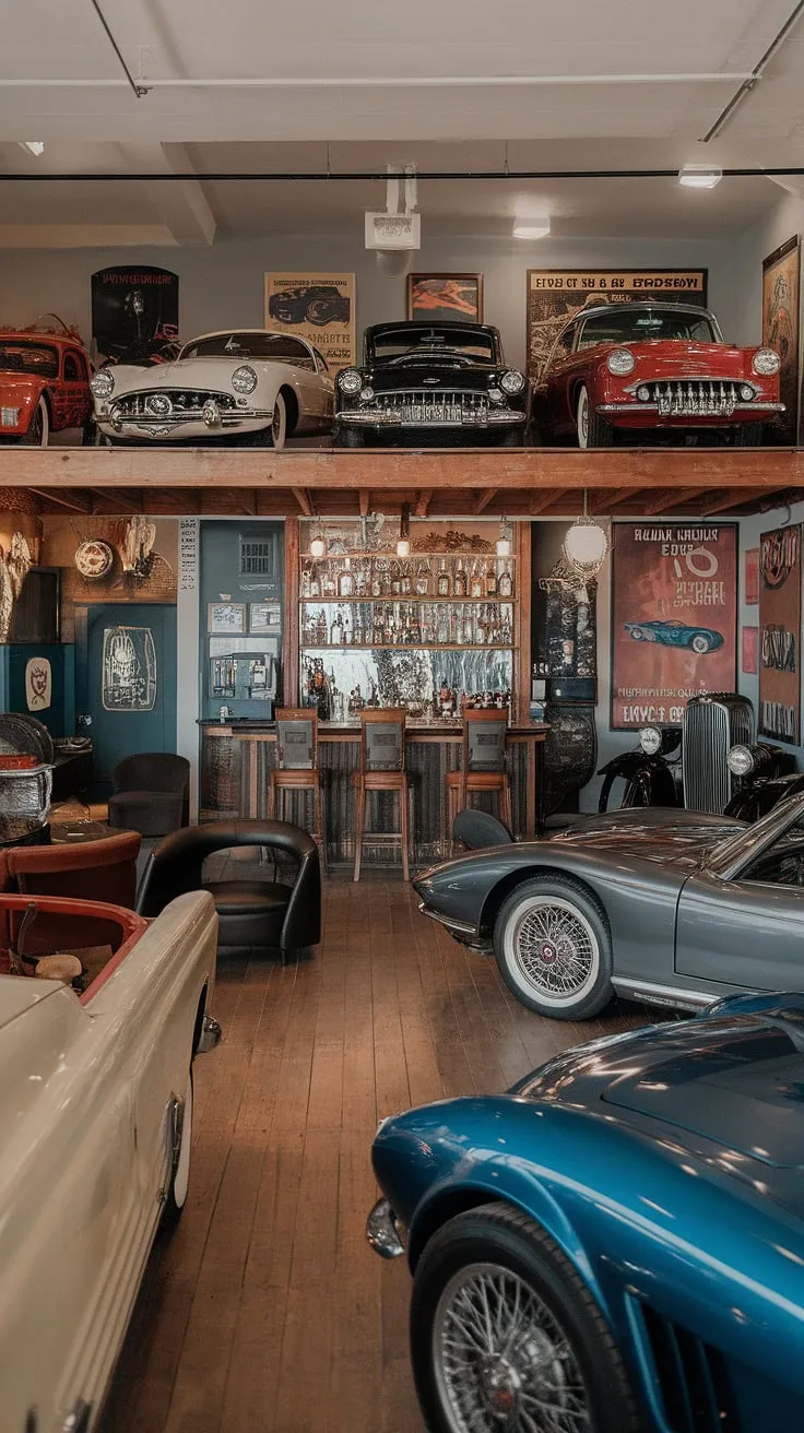This loft garage is more than just storage; it's a sanctuary.  Imagine unwinding in the lounge garage after a day's work, surrounded by classic cars and automotive memorabilia.  This garage rec room showcases the best in upstairs garage ideas, transforming extra garage ideas into a breathtaking barndominium garage loft.  The detailed garage loft interior, complete with a bar and comfortable seating, makes it the ultimate garage shop loft.  For those seeking unique RV garage loft or barndominium garage ideas, this space is the epitome of automotive-inspired luxury.