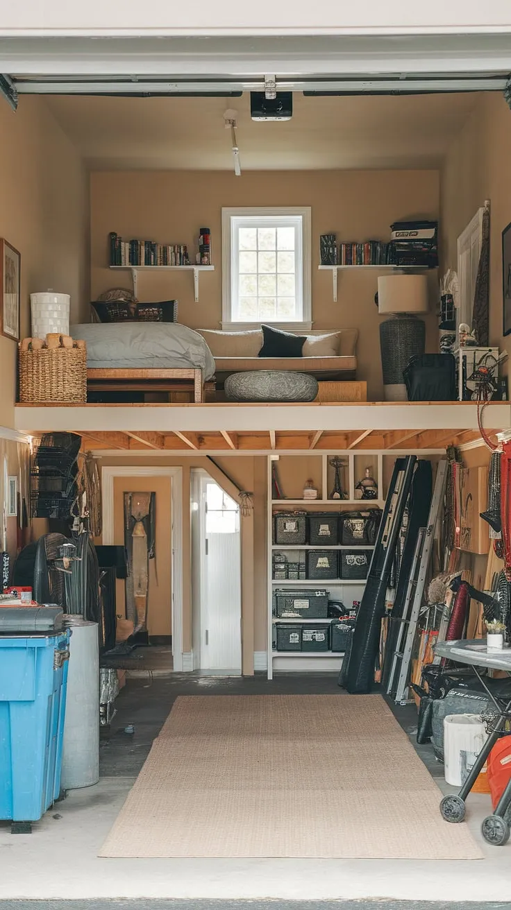 This stunning loft garage seamlessly blends functionality and comfort. The downstairs garage shop, a haven for tools and equipment, flows effortlessly into the upstairs living space, a cozy retreat complete with a bed, couch, and shelves. This barndominium garage loft offers the ultimate in upstairs garage ideas, transforming extra garage ideas into a unique and practical garage rec room. The design showcases clever barndominium garage ideas, perfect for those seeking a loft garage or rv garage loft solution. The beige walls and rug create a calming atmosphere within this impressive garage loft interior.