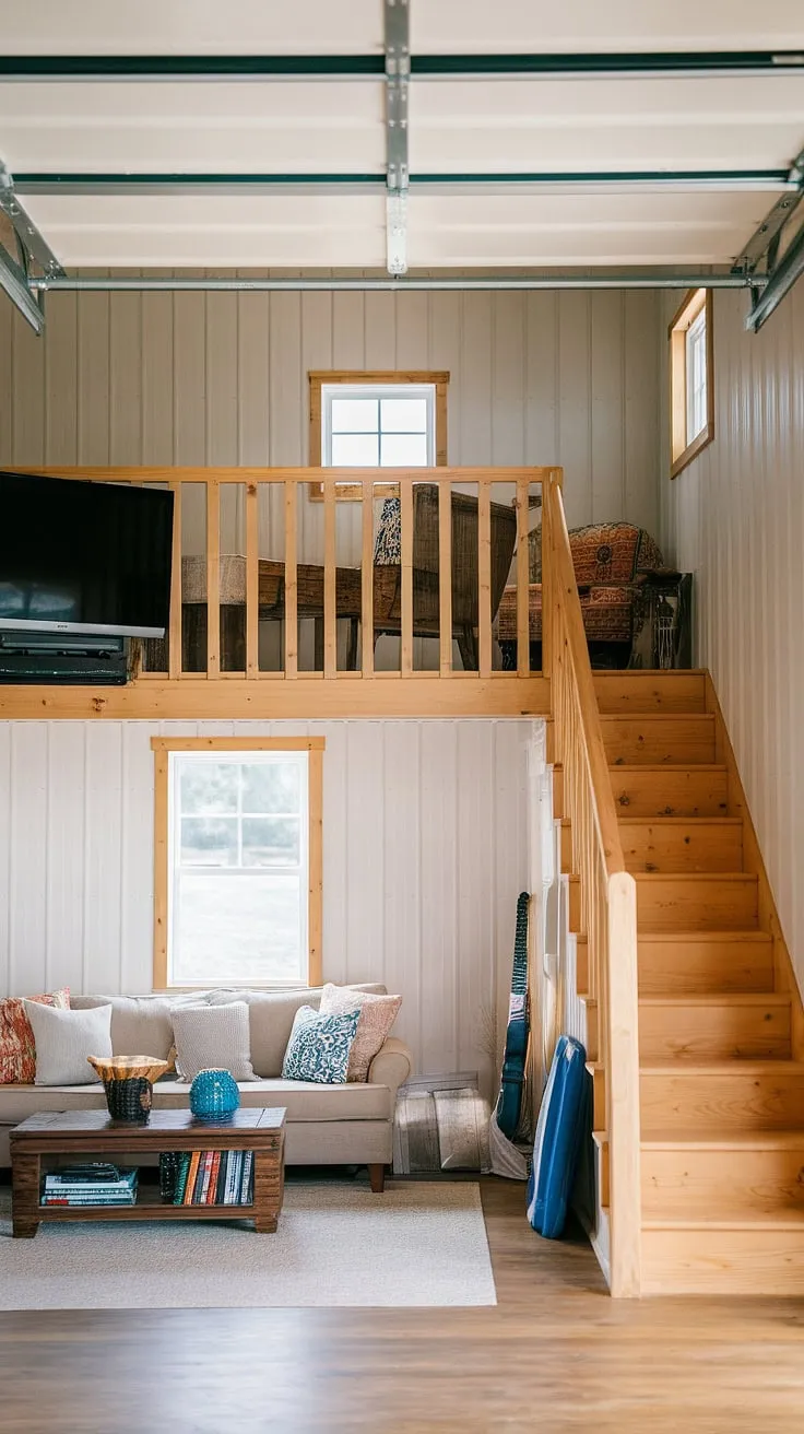 This barndominium garage loft is the epitome of clever space utilization.  Transforming a simple garage into a functional and inviting lounge garage, this upstairs garage ideas project is a home run.  The barndominium garage loft provides a comfortable garage rec room, perfect for unwinding.  Whether you're looking for extra garage ideas or dreaming of a garage shop loft, this space offers inspiration.  The loft garage interior is both cozy and spacious, making it a versatile addition to any barndominium.  Even an RV garage loft could be accommodated in a similar design.  Explore the endless possibilities of barndominium garage ideas with this incredible transformation.