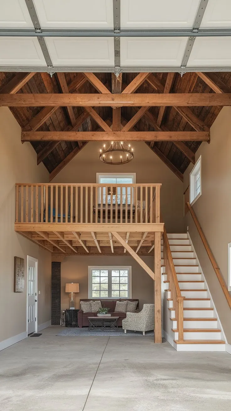 This loft garage seamlessly blends rustic charm with modern functionality.  The barndominium garage ideas are evident in the exposed beams and wood plank ceiling, creating a warm and inviting garage rec room. Upstairs garage ideas are brilliantly executed, with the loft offering a cozy retreat complete with a small room and window, perfect for a lounge garage or even an RV garage loft. This garage shop loft provides ample space for storage and relaxation, showcasing extra garage ideas that maximize space and style.