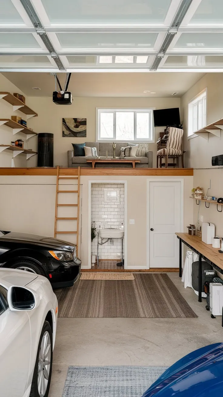 This loft garage conversion is the ultimate blend of functionality and style. The downstairs garage shop, complete with workbench and ample storage, seamlessly flows into an upstairs garage rec room, a cozy lounge garage perfect for relaxation. This barndominium garage loft offers clever upstairs garage ideas, maximizing space with a comfortable living area, including a sofa and TV, and even a bathroom. Consider this inspiring example for your own extra garage ideas, whether you're looking for an rv garage loft or simply need more space. The garage loft interior showcases the potential of a barndominium garage ideas, transforming unused space into a versatile and inviting area.