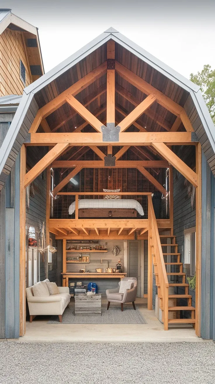This barndominium garage loft seamlessly blends rustic charm with modern functionality. The spacious lounge garage features a comfortable seating area, perfect for relaxation after a day in the garage shop loft. Upstairs garage ideas are brilliantly executed with a cozy loft bedroom and workspace, maximizing every inch of this unique space. Consider this inspiring example for your own extra garage ideas, whether you need an RV garage loft or simply a dedicated garage rec room. The barndominium garage ideas showcased here offer a blend of practicality and style.