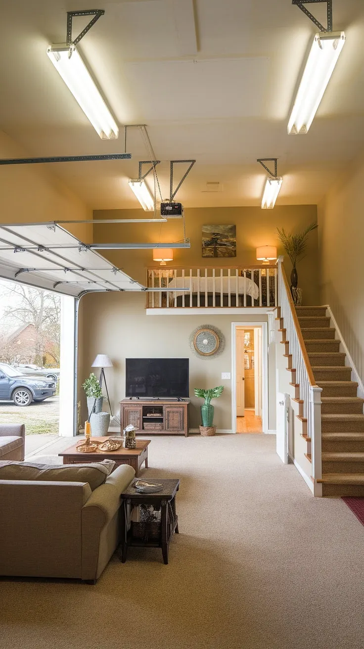 This stunning loft garage conversion showcases the ultimate in garage rec room design. The spacious lounge garage features a comfortable seating area, perfect for relaxation, while the upstairs garage ideas are brilliantly executed in the loft bedroom above. This barndominium garage loft offers a unique blend of functionality and style, ideal for those seeking extra garage ideas. The garage shop loft concept is subtly incorporated, with ample space for storage. Note the seamless transition from the main living area to the sleeping loft, a testament to clever barndominium garage ideas. Even an RV garage loft could draw inspiration from this design's efficient use of space. The garage loft interior is warm and inviting, a true testament to creative loft garage design.
