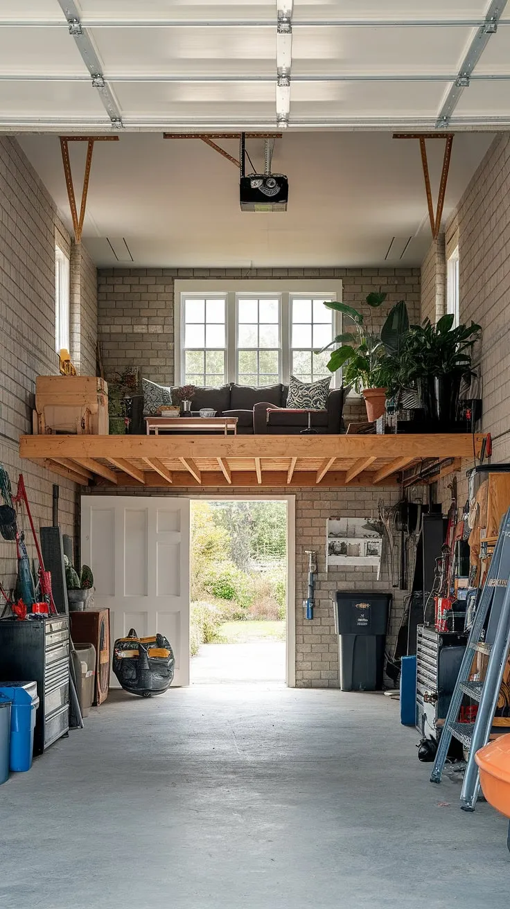 Transform your garage into a multi-functional space with this stunning loft garage design. Below, a dedicated garage shop provides ample room for tools and equipment. Above, a comfortable lounge area, complete with a couch and plants, offers a peaceful escape. This garage rec room showcases clever barndominium garage ideas and provides excellent upstairs garage ideas. The exposed brick and high ceilings create a unique loft garage interior, perfect for those seeking extra garage ideas or considering an rv garage loft or garage shop loft.