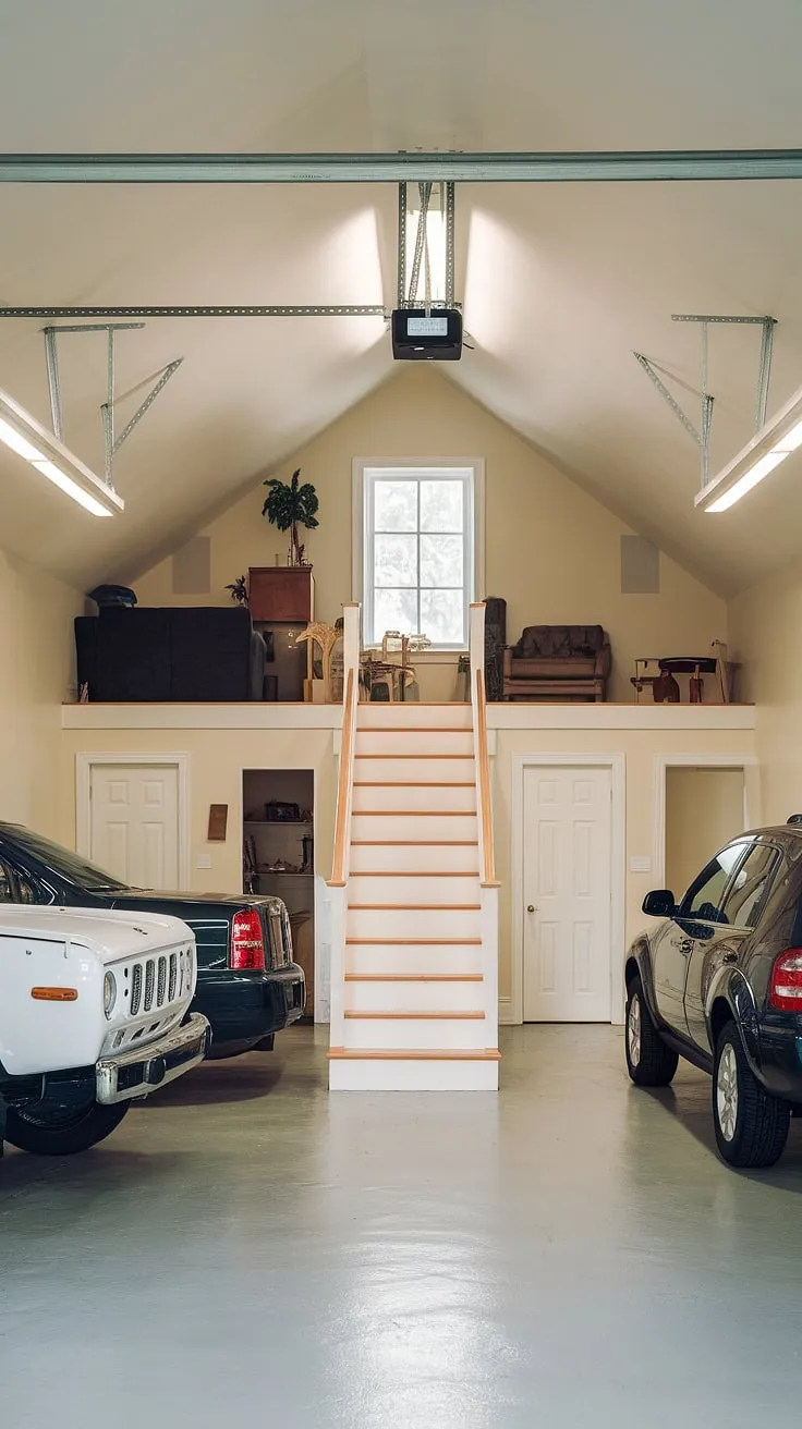 Transform your garage into the ultimate lounge garage. This barndominium garage loft, complete with a garage rec room upstairs, offers endless possibilities for upstairs garage ideas, from a garage shop loft to an RV garage loft. Extra garage ideas abound in this spacious loft garage interior.