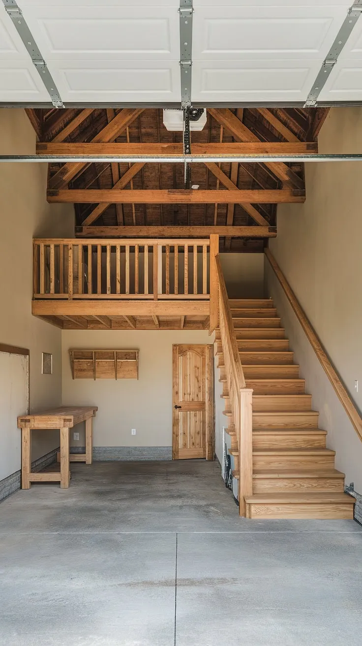 This rustic loft garage transforms unused space into a stunning barndominium garage loft, perfect for a garage rec room or even an RV garage loft.  The upstairs garage ideas are endless, from a cozy lounge garage to a fully functional garage shop loft.  Consider this inspiration for your own extra garage ideas.
