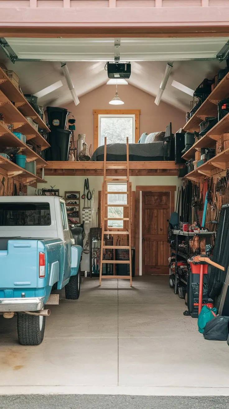 This loft garage transcends mere storage; it's a fully realized barndominium garage loft, a garage shop loft, and a cozy upstairs garage ideas all rolled into one.  The rustic charm, complete with a comfortable lounge garage area upstairs, speaks to clever extra garage ideas and maximizes space.  Imagine relaxing in your RV garage loft after a long day, or entertaining friends in your garage rec room.  This is more than just a garage; it's a testament to creative barndominium garage ideas and loft garage living.