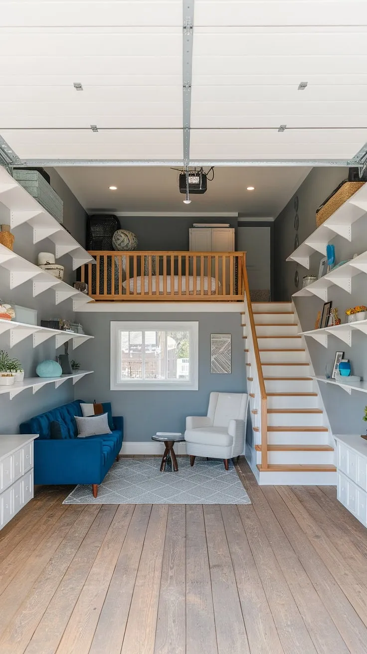 Transform your extra garage ideas into a dream space with this incredible loft garage interior.  The combination of a practical garage shop loft downstairs and a peaceful upstairs bedroom makes this barndominium garage loft the ultimate in versatile living.  Enjoy the comfort of a dedicated lounge garage with a stylish seating area, while upstairs garage ideas provide a private retreat.  Whether you envision an RV garage loft or simply a more comfortable garage rec room, this barndominium garage ideas project showcases the potential of a well-designed loft garage.
