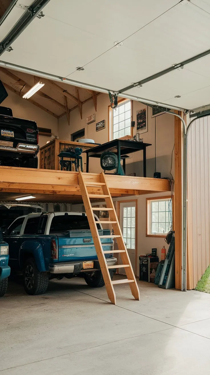 This barndominium garage loft transforms unused space into a functional and stylish garage shop loft.  The upstairs garage ideas are endless, creating a perfect lounge garage and rec room, ideal for RV storage and additional workshop space.  This loft garage showcases clever extra garage ideas, maximizing the potential of your barndominium garage.