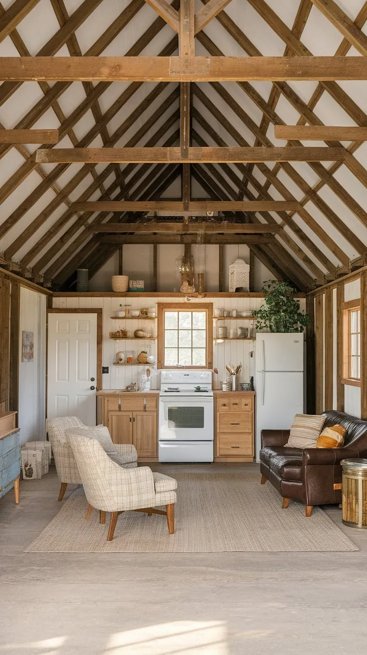 This barndominium garage loft offers the ultimate blend of rustic charm and modern convenience. The upstairs garage ideas are brilliantly executed, transforming this space into a cozy lounge garage, complete with a kitchenette, comfortable seating area, and plenty of natural light. Perfect as a garage rec room, or even an RV garage loft, this versatile space showcases clever barndominium garage ideas and provides extra garage ideas for maximizing your property. The exposed wooden beams and sloped ceiling add to the unique garage shop loft aesthetic, creating a truly inviting garage loft interior.