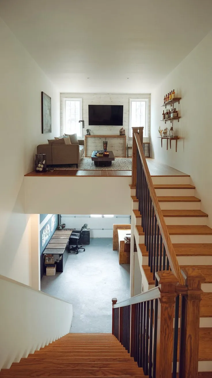 Escape to your own private retreat. This loft garage showcases clever barndominium garage ideas, transforming unused space into a stylish lounge garage. The upstairs garage ideas are endless, from a cozy rec room to a functional garage shop loft. Imagine the possibilities for your own rv garage loft or extra garage ideas—this is the ultimate inspiration for a unique and functional garage loft interior.