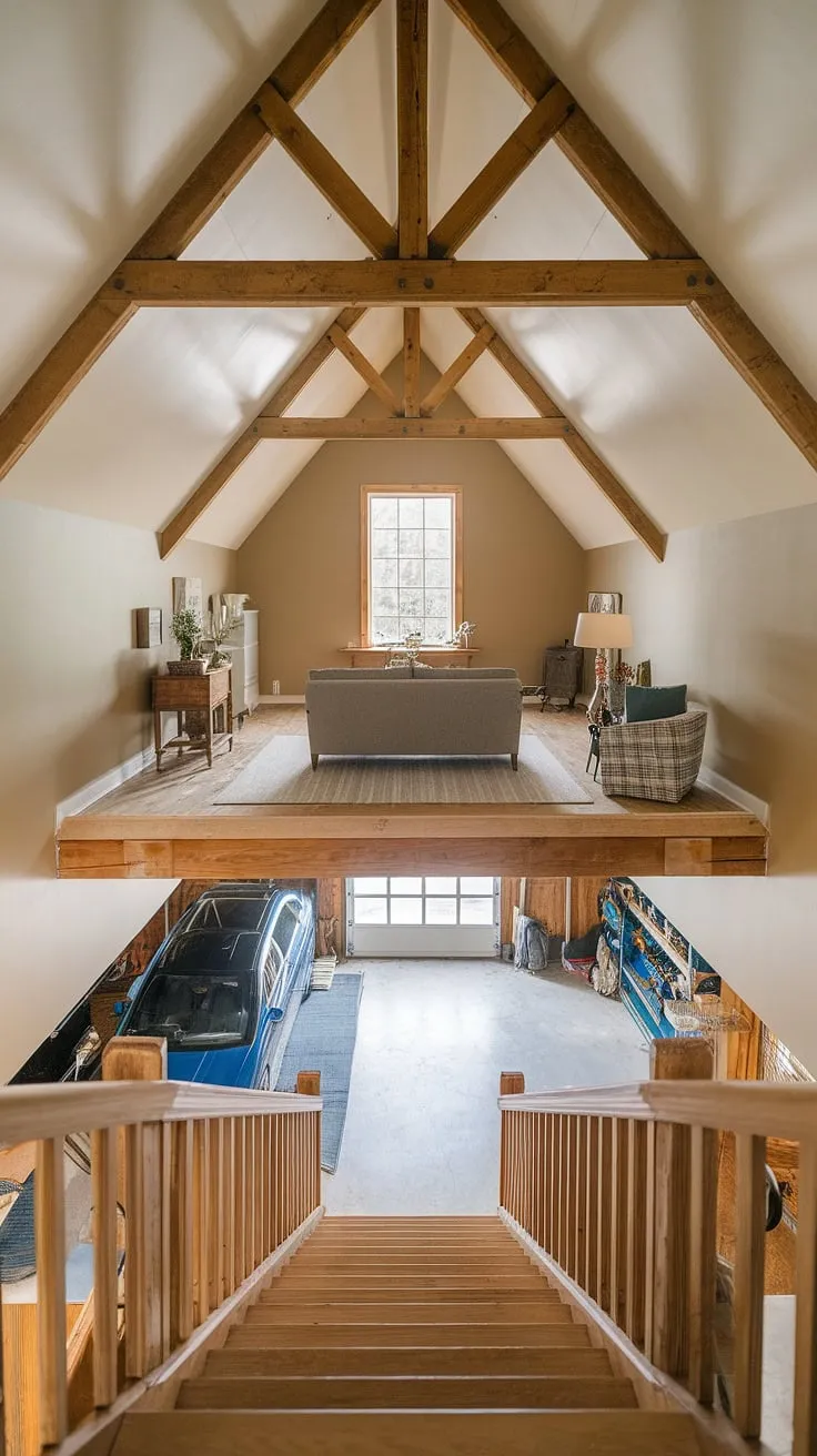 Sunlight streams into this spacious barndominium garage loft, a perfect blend of rustic charm and modern comfort. The wooden staircase leads up to a cozy lounge area, complete with a sofa and table, offering a unique garage rec room and extra garage ideas. Below, the garage shop loft houses a car and tools, showcasing clever barndominium garage ideas and upstairs garage ideas for maximizing space. This loft garage provides the ultimate in functionality and style, ideal even for an RV garage loft.