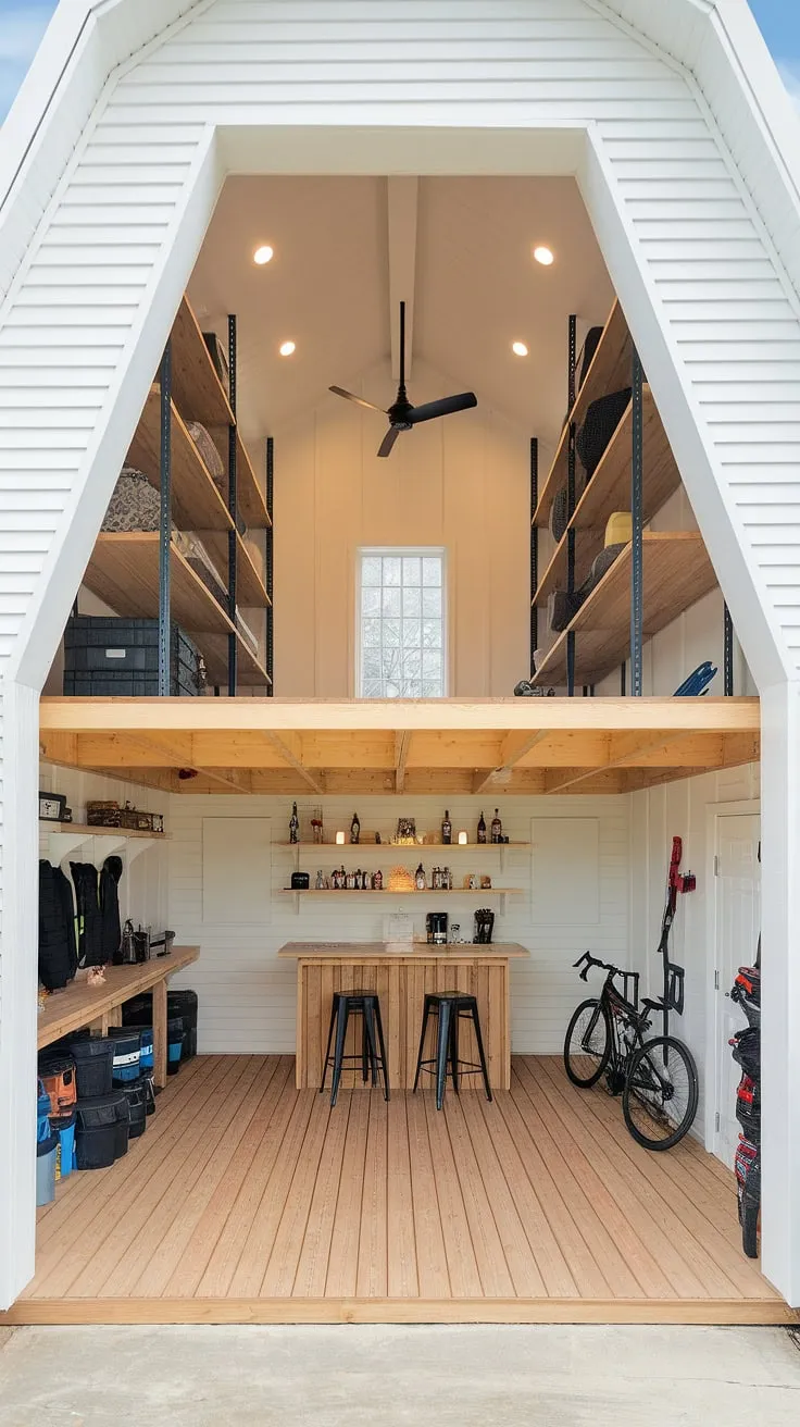 This barndominium garage loft is the ultimate lounge garage: upstairs garage ideas done right, blending a garage shop loft with a cozy rec room. Perfect extra garage ideas for the RV owner, too.
