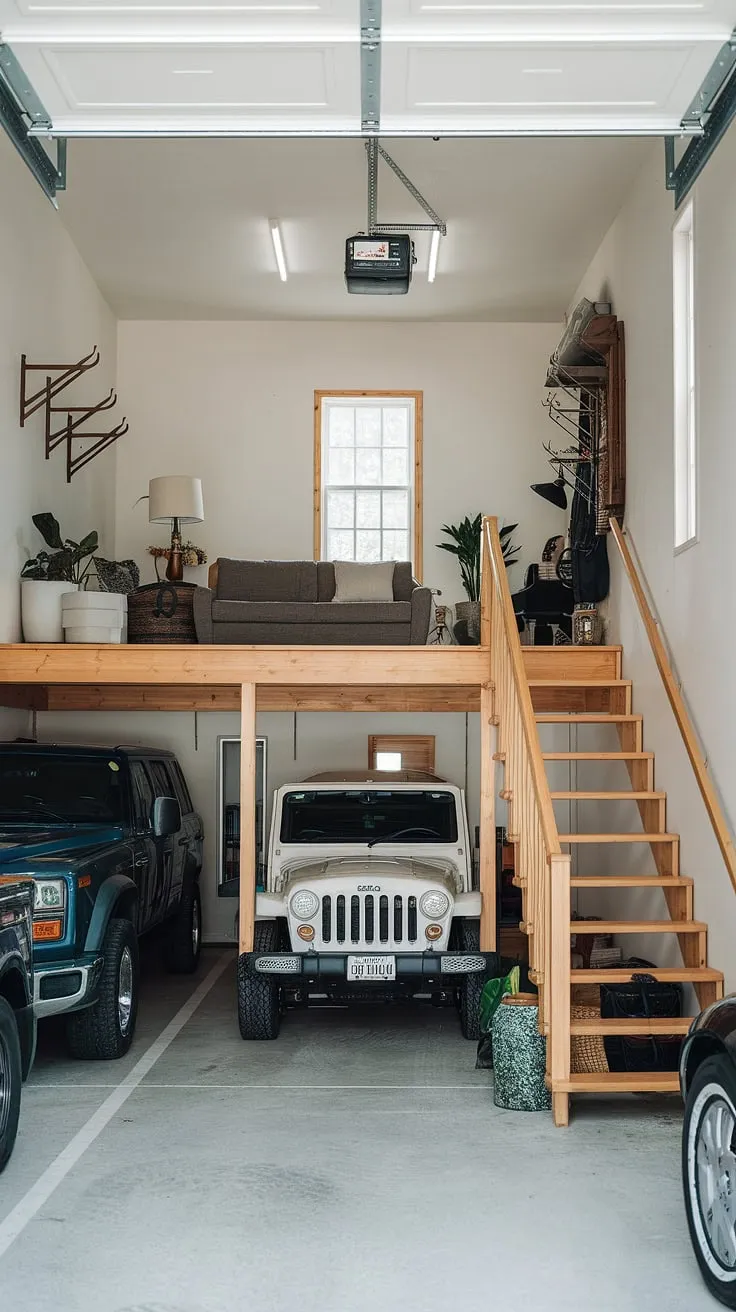 Transform your garage into the ultimate lounge garage. Upstairs garage ideas like this barndominium garage loft offer the perfect blend of garage shop loft functionality and a cozy rec room. Extra garage ideas don't get much better than this loft garage interior. Perfect for an RV garage loft or any barndominium garage ideas.