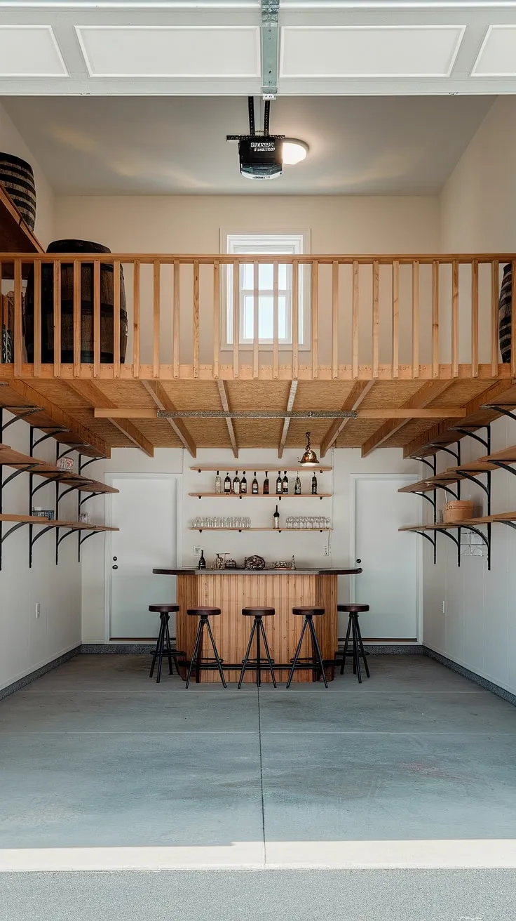 This loft garage is the ultimate man cave! Upgraded with barndominium garage ideas, this garage shop loft boasts a custom bar and ample storage. The upstairs garage ideas are perfect for a garage rec room or lounge garage, offering extra garage ideas for those seeking more than just storage. The open design and natural light make this rv garage loft feel spacious and inviting. The barndominium garage loft conversion is a testament to creative loft garage design, showcasing a stunning garage loft interior.