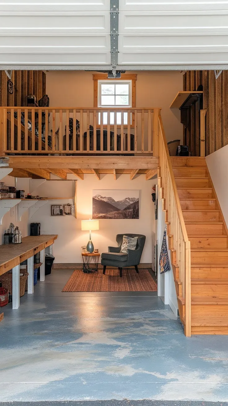 Transform your extra garage space into a stunning barndominium garage loft! This garage shop loft features a practical ground floor with workbench and shelving, seamlessly connecting to an upstairs garage retreat. The loft garage interior is designed for relaxation, with a plush rug, comfortable seating, and inspiring artwork. This upstairs garage ideas project showcases the potential of a lounge garage and provides ample inspiration for rv garage loft conversions and barndominium garage ideas. The painted concrete floor adds a touch of industrial chic to this unique garage rec room.