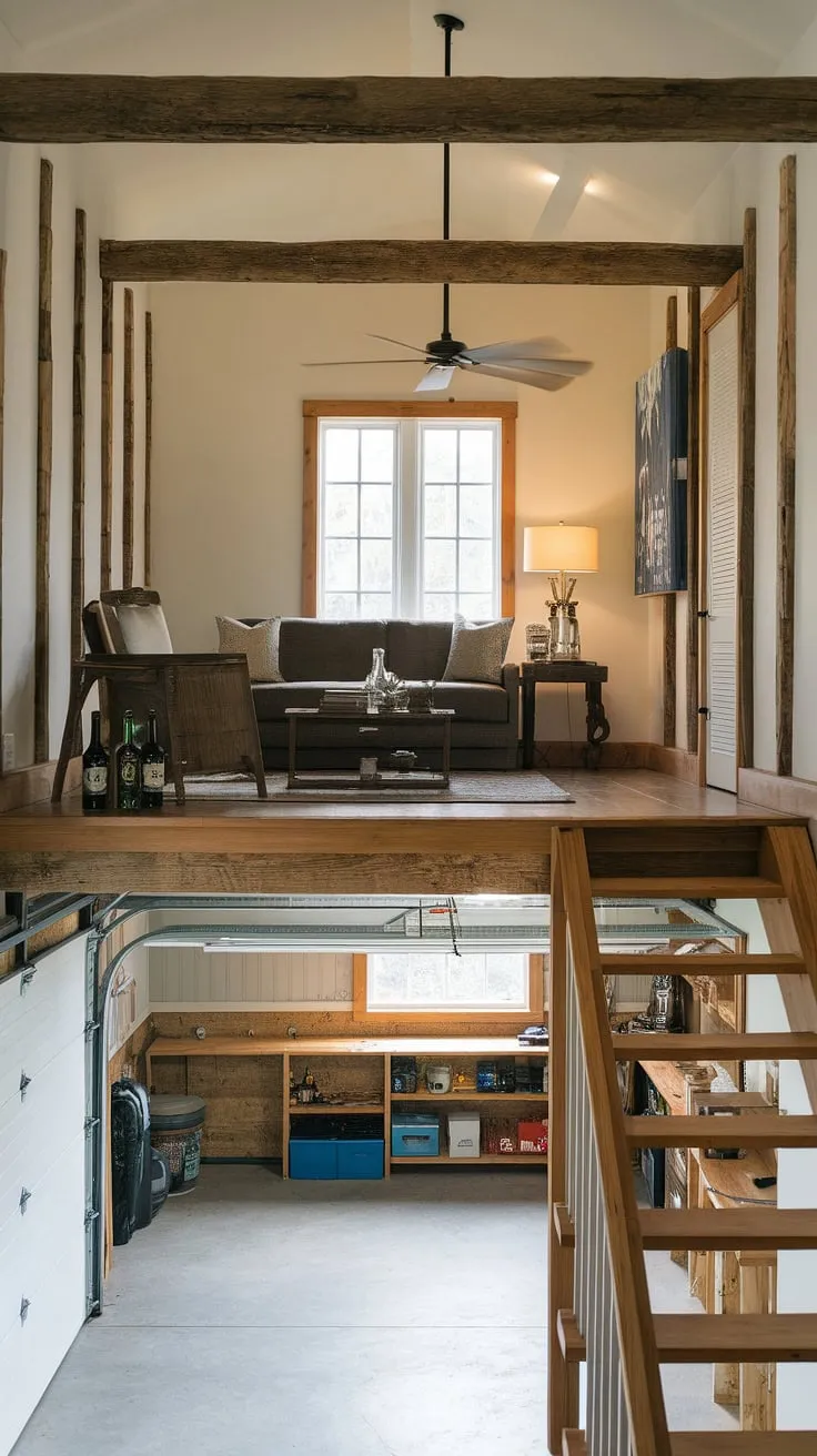 Rustic charm meets modern convenience in this loft garage. Up above, a cozy garage rec room with a bar awaits, while downstairs, the garage shop loft provides ample space for your projects. Explore barndominium garage ideas and upstairs garage ideas to create your dream lounge garage. This garage loft interior is the epitome of barndominium garage loft living.