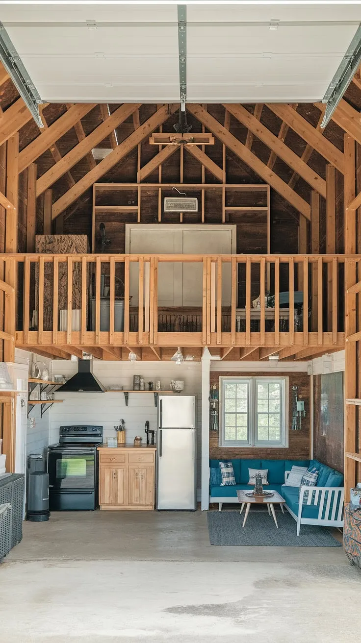 Unleash your creativity with these upstairs garage ideas! This barndominium garage loft boasts a stunning garage loft interior, blending rustic charm with modern functionality.  From the comfortable seating area to the well-equipped kitchenette, this lounge garage and garage rec room offer the ultimate blend of practicality and style.  Explore the potential of your own barndominium garage ideas and loft garage design.