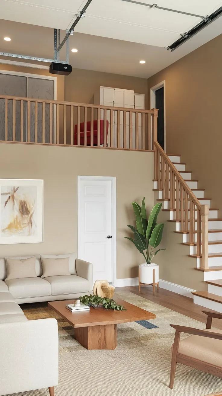 Transform your garage into a dream space with these upstairs garage ideas. This barndominium garage loft boasts a cozy lounge garage downstairs, complete with a comfortable sofa and inviting ambiance.  Upstairs, a functional workspace and storage solutions are cleverly integrated into the garage loft interior design.  Whether you envision a garage rec room or a more sophisticated RV garage loft, this loft garage provides inspiration for maximizing your space and creating the ultimate barndominium garage ideas.