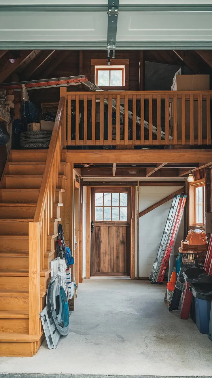 Unleash the potential of your extra garage ideas with this stunning loft garage conversion.  The charming wooden staircase leads to a functional garage loft interior, perfect for storing seasonal items or creating a unique garage shop loft.  Consider this inspiration for your own barndominium garage ideas, transforming your space into a versatile barndominium garage loft or even a cozy lounge garage.  Upstairs garage ideas don't get much better than this.