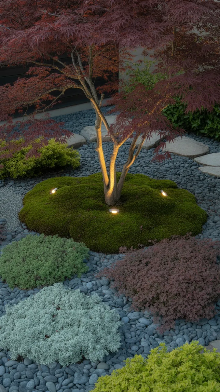 Crimson Canopy Over a Mossed Stone Garden
