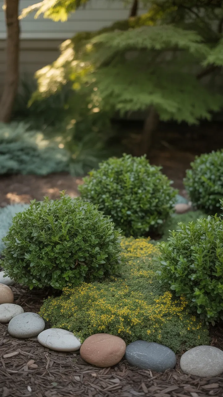 Sunlit Boxwood Halo with Golden Creeping Thyme and River Stones