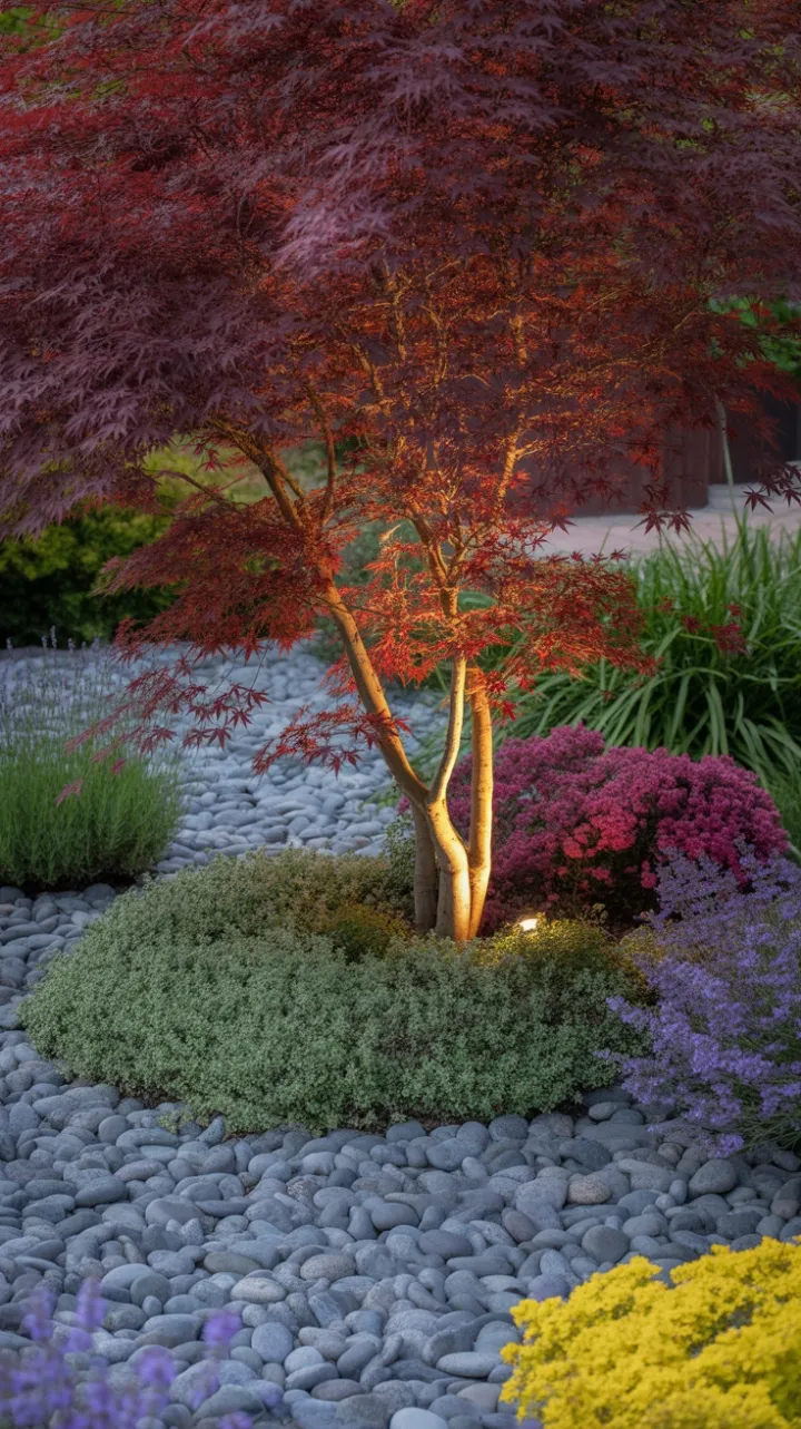 Fiery Japanese Maple Sanctuary with Lavender, Thyme and River Stones