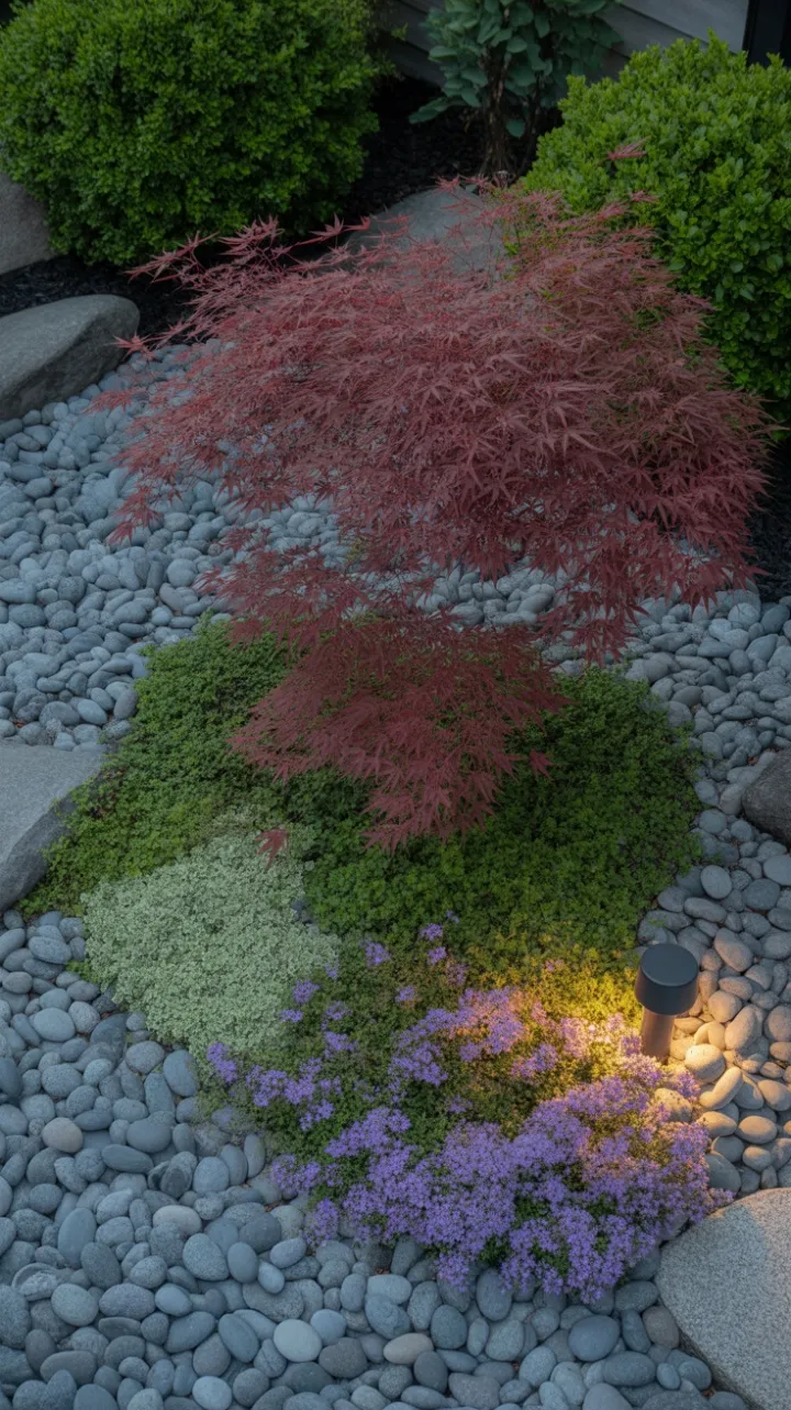 Low-Maintenance Crimson Maple Sanctuary with River Stone Elegance