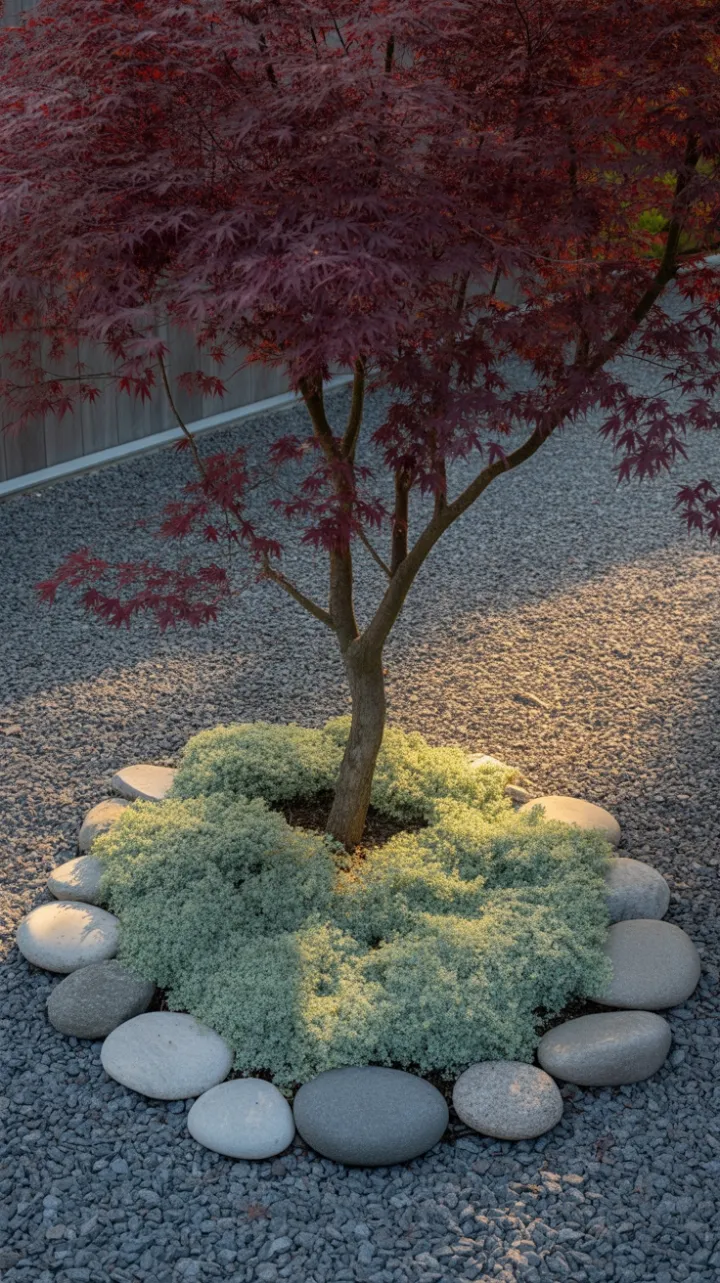Sunlit Crimson Maple in a Tranquil Gravel Garden