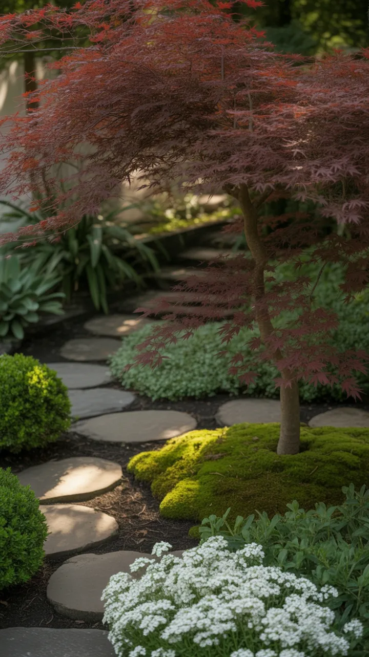 Crimson Maple Over a Mossy Stone Path