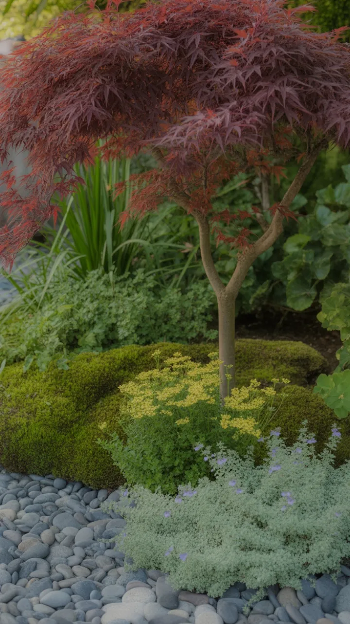 Serene Crimson Maple Garden of Moss, Thyme and River Stone
