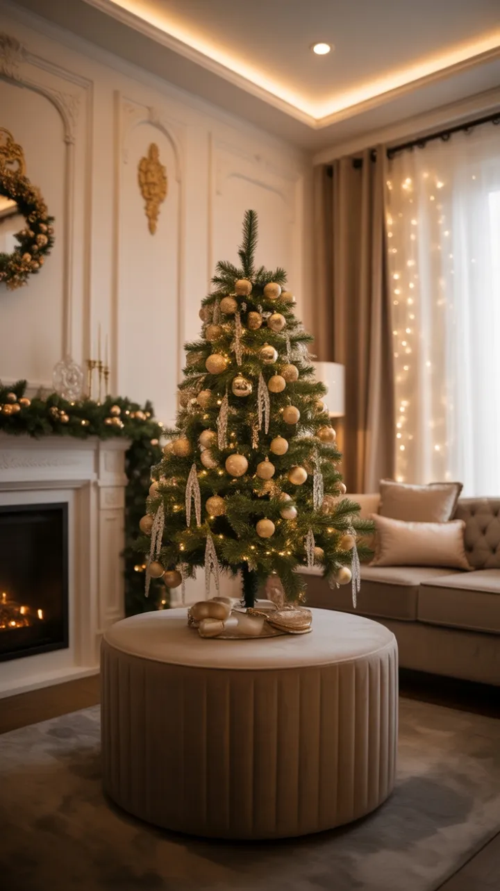 Gilded Christmas Glow in a Velvet-Lined Living Room