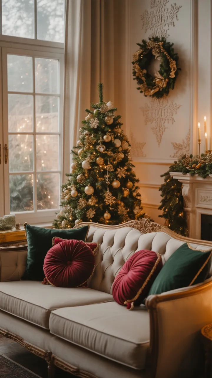 Gilded Christmas Living Room Bathed in Warm Light