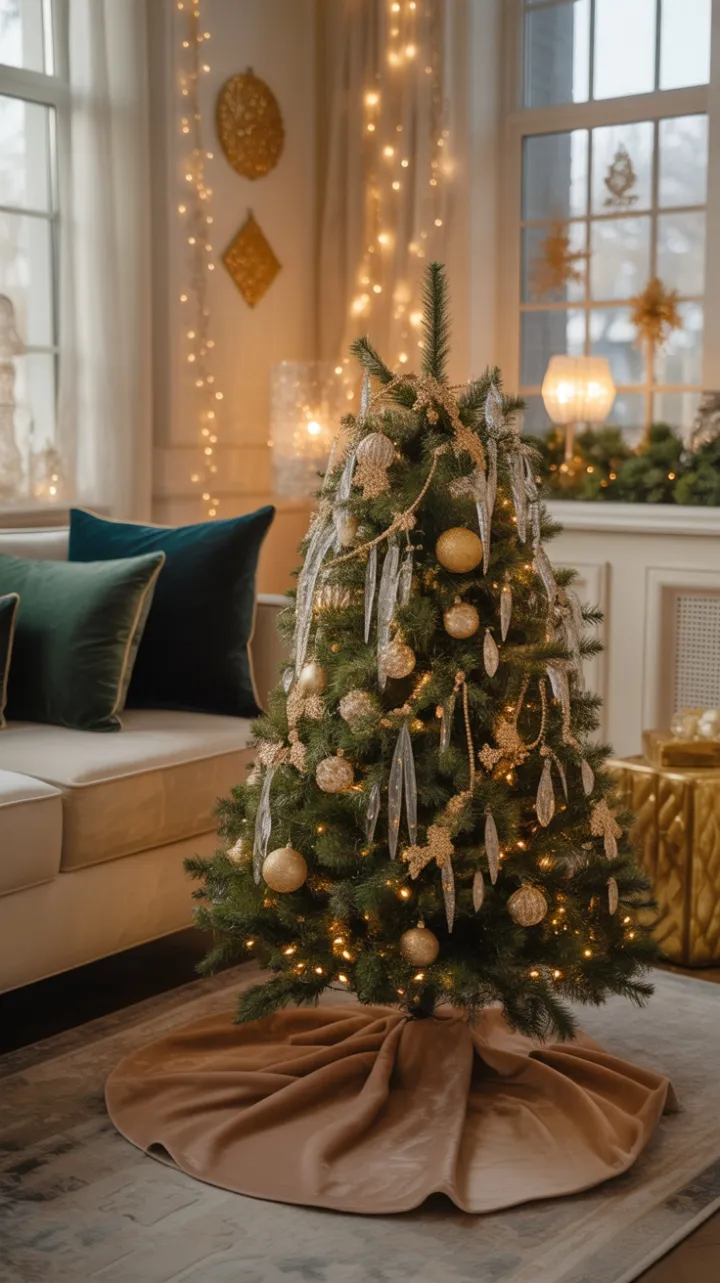 Gilded Holiday Elegance in a Cozy Velvet-Lined Living Room