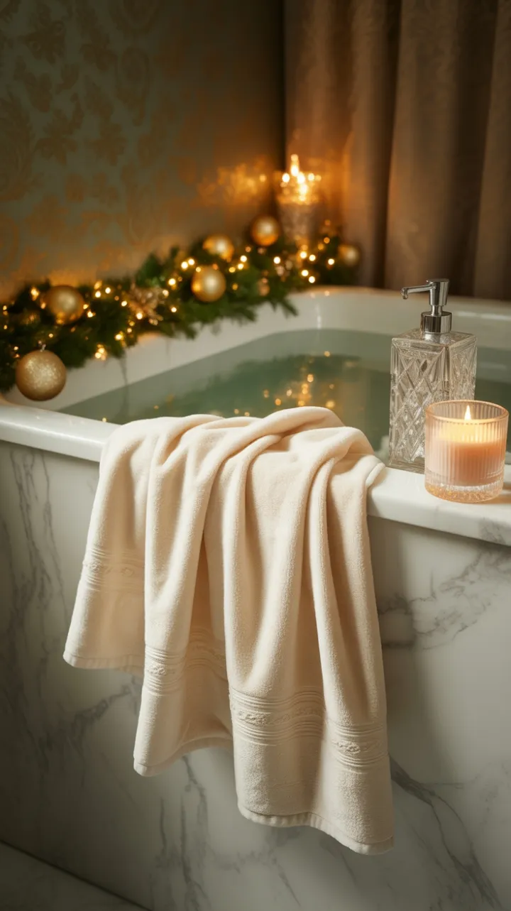 Ivory Velvet Christmas Bath with Gold Ornaments and Candlelit Tranquility
