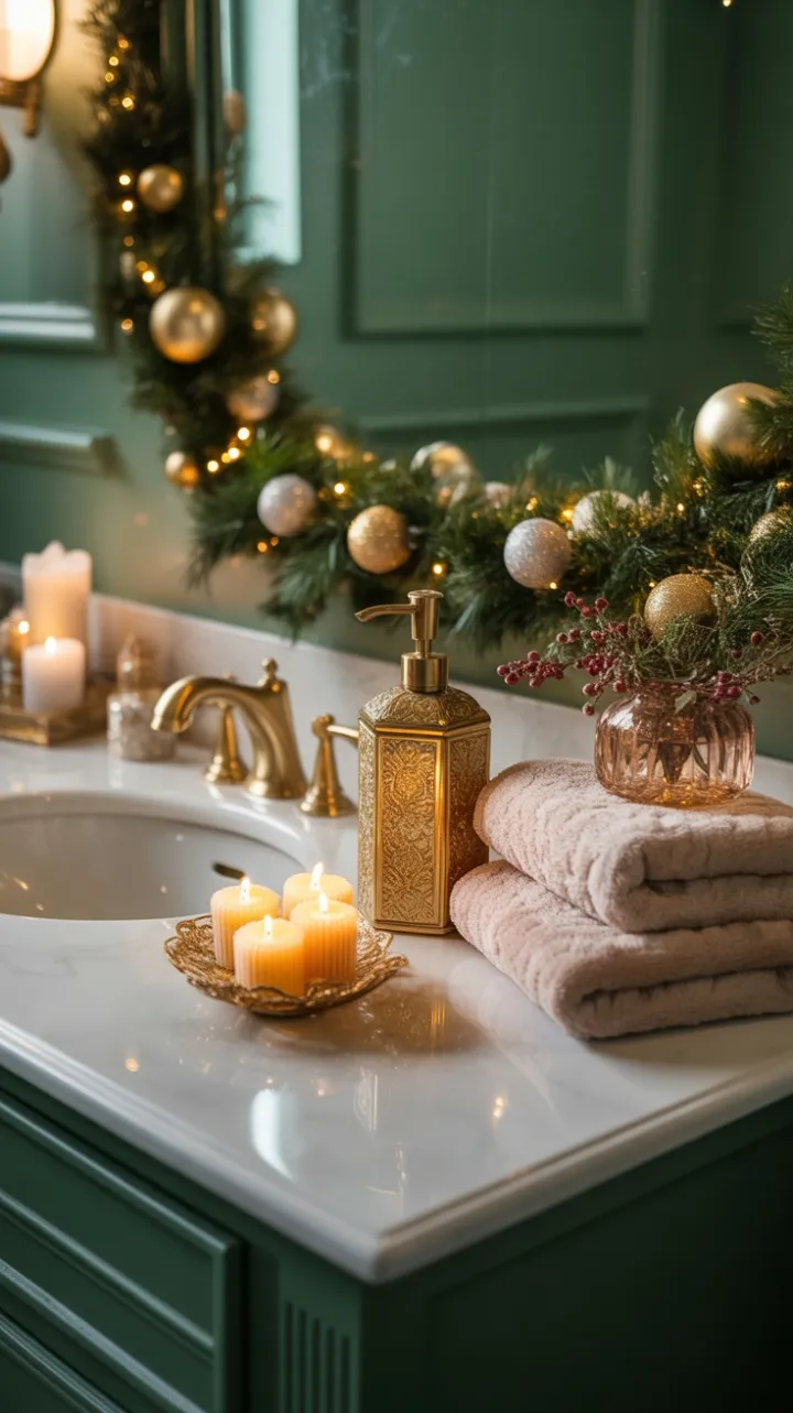 Luxurious Holiday Glow on a Marble Vanity with Gold and Velvet